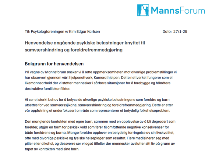 MannsForum sender åpent brev til Psykologiforeningen