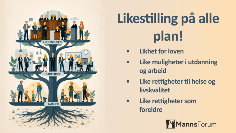 MannsForum løfter kravet om reell, kjønnsnøytral likestilling under Arendalsuka – i familien, samfunnet og rettspleien.