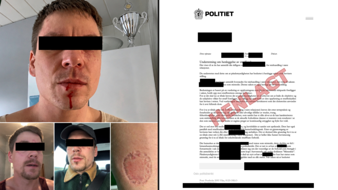 HENLAGT: Bildene viser et lite utvalg av foto- og videobevisene som «Fredrik» la ved da han anmeldte kona for vold. Til høyre: Politiets underretning om at saken ble henlagt etter bevisets stilling.