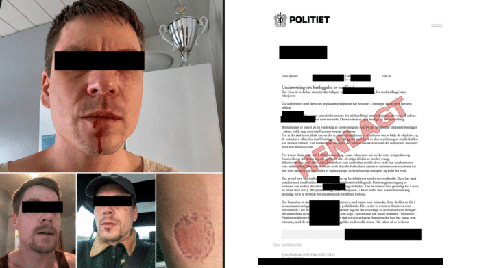 HENLAGT: Bildene viser et lite utvalg av foto- og videobevisene som «Fredrik» la ved da han anmeldte kona for vold. Til høyre: Politiets underretning om at saken ble henlagt etter bevisets stilling.
