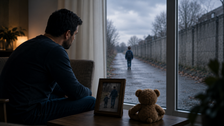 KONTAKTBRUDD: Norsk selvmordsforskning har dokumentert økt risiko etter samlivsbrudd, men har fortsatt ikke undersøkt om foreldre som ufrivillig mister eller får kraftig redusert kontakt med egne barn, har et annet selvmordsrisikobilde enn foreldre som beholder en nær og stabil relasjon til barna. Alt-tekst: Far sitter ved et vindu og ser et barn gå bortover en vei – et bilde på ufrivillig tap av kontakt mellom forelder og barn etter samlivsbrudd.