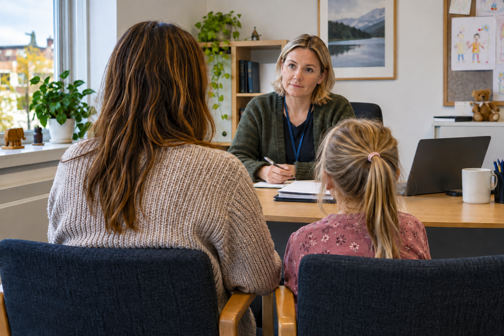 Illustrasjonsbilde av en mor og et barn i samtale med en kvinnelig fagperson på et kontor.