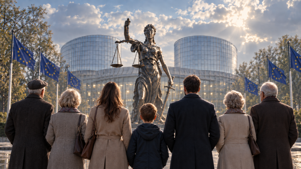 Foreldre, barn og fire besteforeldre sett bakfra foran Justitia og en europeisk domstolsbygning med EU-flagg.