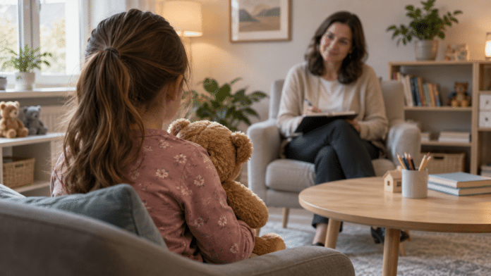 Barn med bamse i samtale med psykolog på et kontor, sett bakfra slik at barnet ikke kan identifiseres.