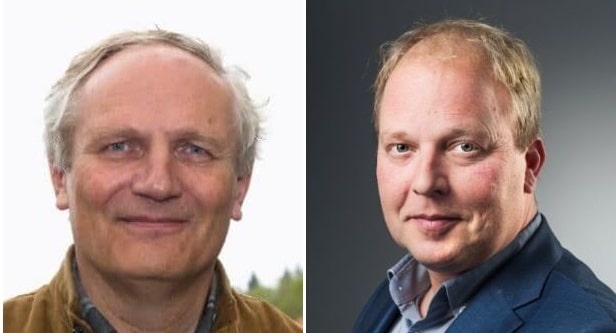 Professor emeritus Eivind Meland (t.v.) og selvmordsforsker Fredrik A. Walby ved NSSF. Foto: Privat / UiO