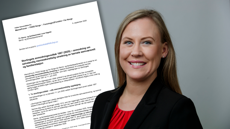 MENNESKERETTIGHETER: Barne- og familieminister Lene Vågslid er mottaker av den felles henvendelsen fra fire familiepolitiske organisasjoner. I brevet skriver de: «Et system som skal ivareta barnets beste, må kunne beskytte barn både mot skadelig kontakt og mot uberettiget tap av viktige familierelasjoner.» Foto: Torgeir Haugaard – Forsvaret. Montasje: MannsForum.
