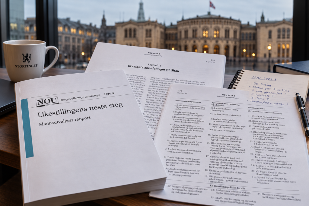 NOU 2024:8 Likestillingens neste steg – Mannsutvalgets rapport med 35 forslag om gutter og menns likestilling.